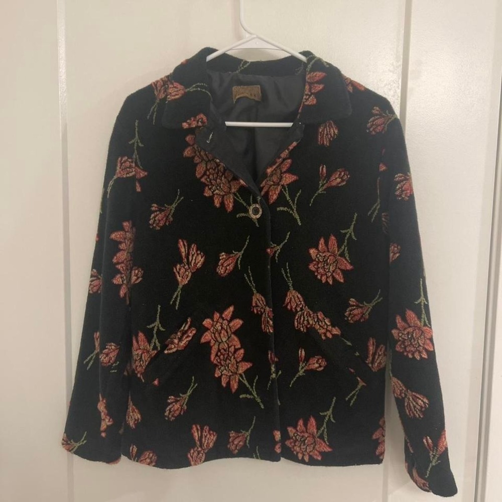 Vintage Faux Fur Jacket Fall Floral Black Goth Whimseygoth